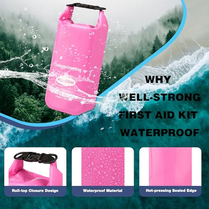 Boat First Aid Kit Waterproof, WELL-STRONG Marine Emergency Kit with Roll Top Dry Bag for Boating Fishing Kayaking – Water-Resistant Contents for Camping & Beach（Pink） - color: Ws011-pink