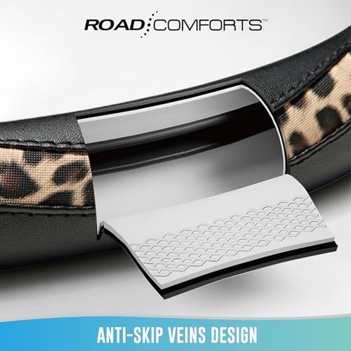 Road Comforts Steering Wheel Cover - Made with PVC Leather and Leopard Fabric - Universal 14 1/2 inches to 15 inches for Most Automotive Steering Wheel - Cheetah Print - Black - color: Round-Black