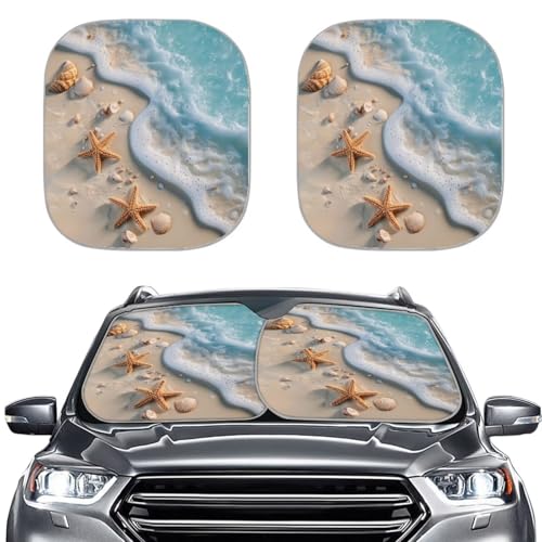 Beach Starfish Windshield Sun Shade 2pcs Car Sunshade for Front Window Shades Reflect UV and Heat Sun Visor Car Accessories Universal Fit for Cars SUV Truck Van - color: Beach Starfish
