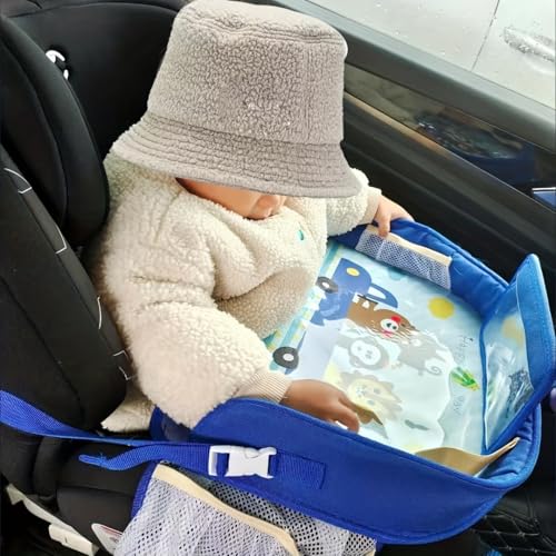 Kids Travel Tray for Car Seat – Toddler Lap Desk with Dry Erase Board, No-Drop Tablet Holder, Cooler Cup & Snack Storage, Road Trip Essentials for Airplane & Car Activities (Blue)