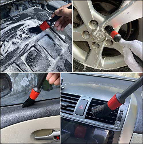 7Pcs Wheel & Tire Brush, car Detailing kit, 17inch Long Soft Wheel Brush 5 car wash Detail Brush car wash kit for Cleans Dirty Tires & Releases Dirt and Road Grime, Short Handle - color: Red