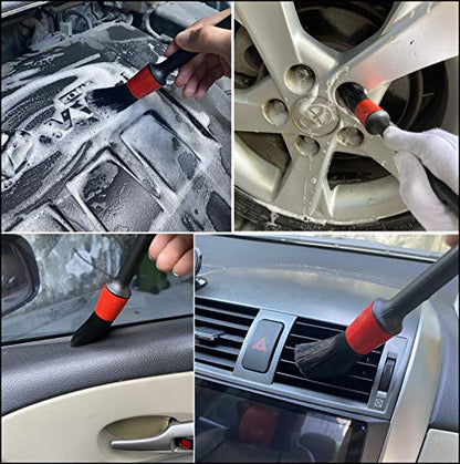 7Pcs Wheel & Tire Brush, car Detailing kit, 17inch Long Soft Wheel Brush 5 car wash Detail Brush car wash kit for Cleans Dirty Tires & Releases Dirt and Road Grime, Short Handle - color: Red