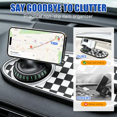 Mobile Phone Bracket Anti-Slip Mat,Multifunction Car Dashboard Mat with Temporary Parking Number,360° Rotating Adjustable Phone Holder,Universal Fit Anti-Slip Mat (Black & Brown) - color: Black & Brown