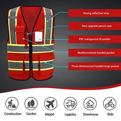 AYKRM Security Vest for Men Women 7 Pockets High Visibility Reflective Safety Vest Front Zipper Meets ANSI/ISEA - color: Red-emergency, size: Large