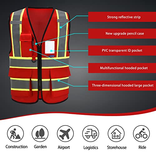 AYKRM Security Vest for Men Women 7 Pockets High Visibility Reflective Safety Vest Front Zipper Meets ANSI/ISEA - color: Red-emergency, size: X-Small
