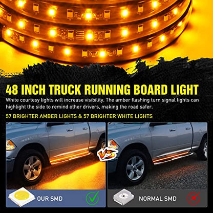 Nilight 48inch Truck LED Running Board Lights 2 PCS Side Maker Light with White Courtesy & Sequential Amber Turn Signal Lighting Strips Kit for Trucks Pickup SUV - color: 48" Running Board Lights White/Amber