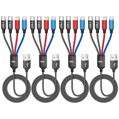 4Packs 5FT Dual Type-C 4 in 1 Multi Charging Cable with 2 USB-C/IP/Micro Port, USB Cable iPhone Charger Cord, Travel Cruise Essentials Car Accessories for iPhone17-8, Galaxy 25 Android iPad, More - color: Dark&Dark&Blue&Red