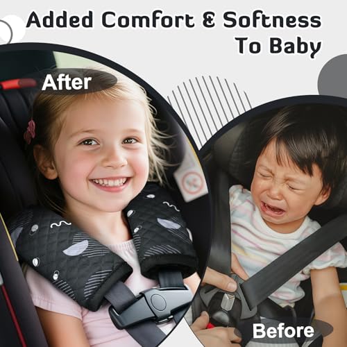 INFANZIA Car Seat Strap Covers for Infants Babies, Soft Carseat Shoulder Pads for Kids, Double-Sided Use Seatbelt Cushion Covers for Stroller, Pushchair & High Chair (Black) - color: Black