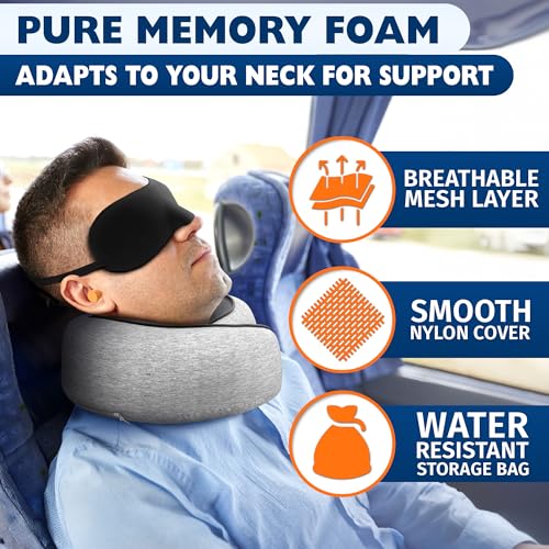 Travel Neck Pillow – 4-in-1 Set | Adjustable Memory Foam Airline Pillows for Sleeping on Long Flights, Earplugs, Eye Mask, & Cover | Cotton Cover, Hook-and-Loop Closure – Car and Train Use, G-Shaped