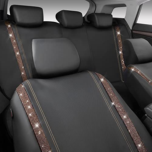 CAR PASS Bling Diamond Car Seat Covers Full Sets, Shining Rhinestone Waterproof Faux Leather, with Zipper, Universal Fit Automotive Glitter Crystal Sparkle Strips Cute Women Girl, Champagne Gold - color: Champagne Gold Diamond, size: Full Set