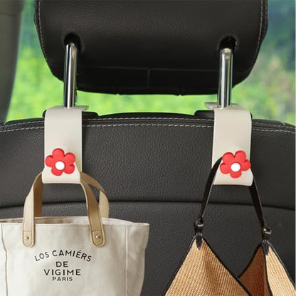 4 PCS Car Headrest Hook, Multifunctional Flower Vehicle Seat Back Storage Hook, Cute Automotive Seatback Organizer Hanger for Purse Grocery Bag Handbag, Universal Fit (Beige/Red) - color: Beige/Red