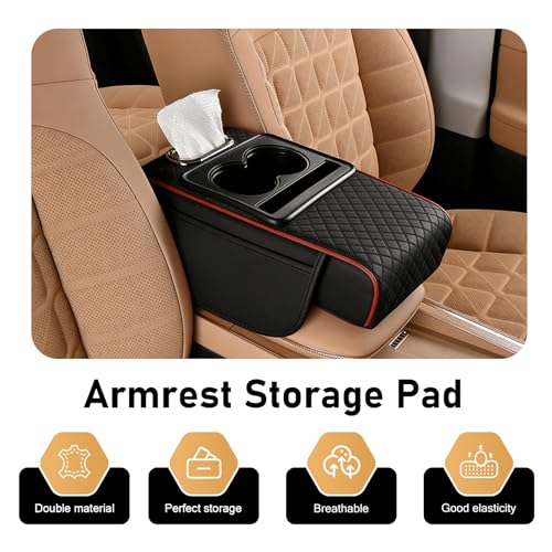 WZP Car Center Console Armrest Pillow, Memory Foam Leather Armrest Cover with Cup Holder Phone Holder Storage Pocket Tissue Holder, Universal Height Enhancement Car Armrest Cushion (Black&Red Line) - color: Black&Red Line