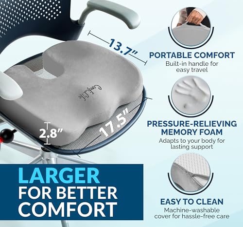 ComfiLife Gel Enhanced Seat Cushion – Office Chair Cushion – Non-Slip Gel & Memory Foam Coccyx Cushion for Tailbone Pain - Desk Chair Car Seat Cushions Driving - Sciatica & Back Pain Relief (Gray) - color: Gray
