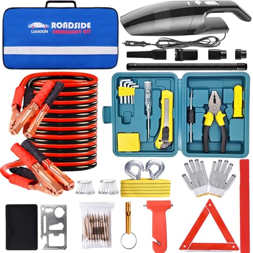 LIANXIN Roadside Car Emergency Kit- Car Safety Kit,Car Kits Emergency,High Power Car Vacuum,Jumper Cable Kits,Reflective Warning Triangle,Car Emergency Kit - color: White