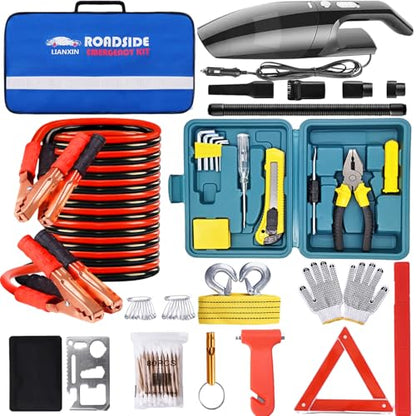 LIANXIN Roadside Car Emergency Kit- Car Safety Kit,Car Kits Emergency,High Power Car Vacuum,Jumper Cable Kits,Reflective Warning Triangle,Car Emergency Kit - color: White