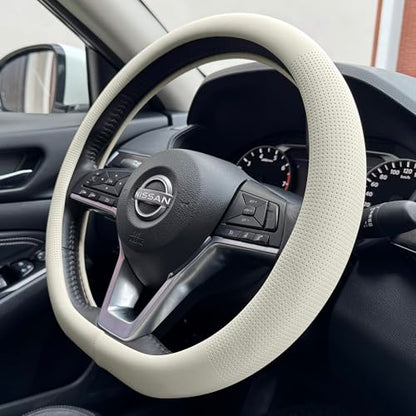 PINCTROT D Shaped Nappa Leather Steering Wheel Cover, Slim Fit No Bulk Design, One Piece Leather with Breathable Perforation, Fit Like Gloves, Flat Bottom 14.5-15 Inch(Nappa Beige) - color: 06.Beige, size: D Shaped/Flat Bottom[14 1/2''-15'']