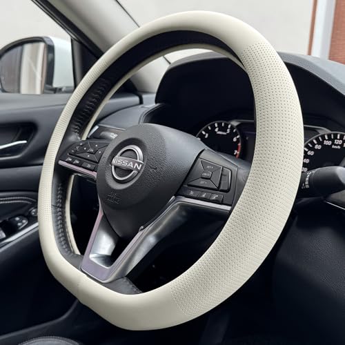 PINCTROT D Shaped Nappa Leather Steering Wheel Cover, Slim Fit No Bulk Design, One Piece Leather with Breathable Perforation, Fit Like Gloves, Flat Bottom 14.5-15 Inch(Nappa Beige) - color: 06.Beige, size: D Shaped/Flat Bottom[14 1/2''-15'']