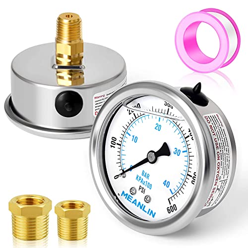 MEANLIN MEASURE 0~600Psi Stainless Steel 1/4" NPT 2.5" FACE DIAL Liquid Filled Pressure Gauge WOG Water Oil Air Center Back Mount, with 1/2" NPT and 3/8" NPT Hex Bushing - size: 0-600Psi