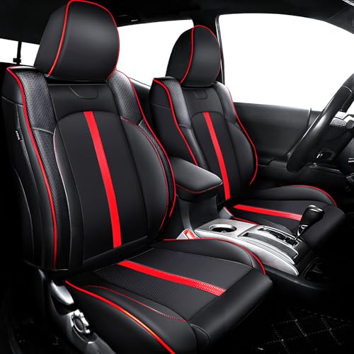 Leather Seat Covers Custom Fit for Tacoma Gen 2nd Double & Crew Cab (2005-2015) - Fully Covered - Fit Like a Glove - Center Console Armrest Covers Included - for Tacoma Accessories - color: ( Black-Red ) & Full Set, size: For Tacoma Gen 2nd (2005-2015) &