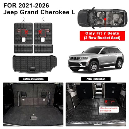 Floor Mats for 2021-2025 2026 Jeep Grand Cherokee L 7 Seats (2nd Row Bench Seats) & Cargo Mat & Backrest Mat,TPE All Weather Protection Car Full Set Mats Covering The Backrest Accessories - size: 2021-2026 Jeep Grand Cherokee L（7seats）