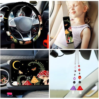Riakrum 17 Pcs Mushroom Car Seat Covers Car Accessories Full Set for Women Men Automotive Rear Front Seat Protector View Mirror Hanging Ornament Steer Wheel Belt Cover(Forest Mushroom) - style: Forest Mushroom