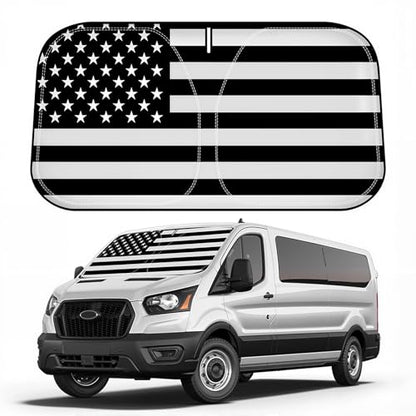 D-Lumina Windshield Sun Shade for 2015-2025 2026 Fo'rd Transit Accessories Wagon XL,Wagon XLT Cargo Vehicle, Connect Van XL, Front Window Sunshade American Flag Sun Visor Protector Blocks UV Rays Heat - size: Silver & Black-fit 2015-2025 Ford Transit
