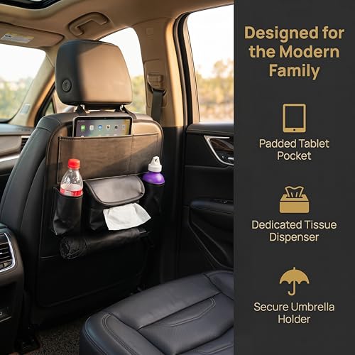 2 Pack PU Leather Premium Car SeatBack Organizer Travel Accessories Kick mats Back seat Protector and Cup Holder Holder Universal Use Seat Covers (23×17 in) - size: 22” x 17”inch