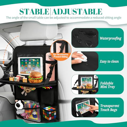 2 Pack Backseat Car Organizer with Touch Screen Tablet Holder, Upgraded Car Seat Organizer with Tray, 9 Storage Pockets with Foldable Food Tray, Protector Kick Mats for Kids, Travel Accessories-Black