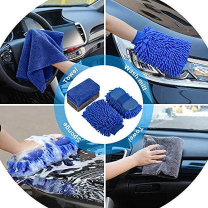 22Pcs Car Wash Cleaning Tools Kit Car Detailing Set with Blue Canvas Bag Collapsible Bucket Wash Mitt Sponge Towels Tire Brush Window Scraper Duster Complete Interior Car Care Kit - color: Blue