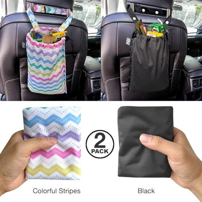 2 Pack Leakproof Car Trash Bags Detachable Waterproof Garbage Bags with Drawstring Hanging Organizer for Back Seat & Travel Black - color: Color Wave & Black