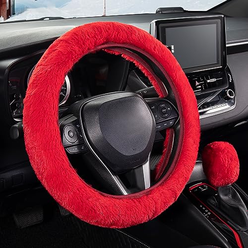 SEG Direct Furry Car Steering Wheel Cover with Fluffy Gear Shift Cover Soft Warm Non-Slip Car Decoration for Women Girls 2 PCS Set, Red - color: Red