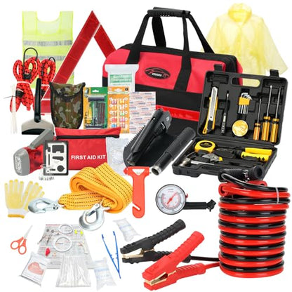 Vetoos Car Roadside Emergency Kit with Jumper Cables, Auto Road Side Safety Kit for Vehicles - with Premium Carry Bag, Repair Tool Set, for Men, Women, Teenagers - style: with Tool Set