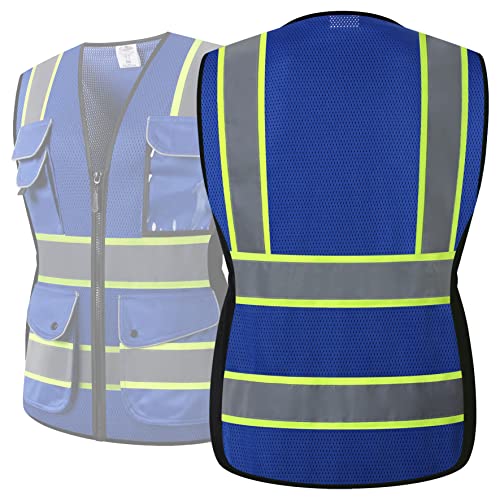 JKSafety Women Hi-Vis Reflective Safety Vest | Neon Color body Sewed Reflective Strips Breathable Lightweight ANSI Compliant - color: V168-blue, size: Medium