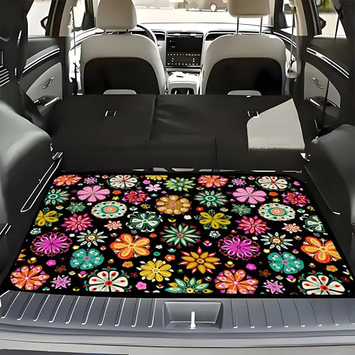 Universal Car Trunk Mat 29" x 39", Colorful Flowers Pattern All Weather Durable Cargo Mat Protector for SUV, Truck, Van | Stylish Cargo Liner Cover Leopard Print Car Accessories - color: Colorful Flowers
