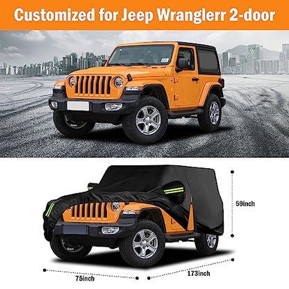 Waterproof Car Cover for Jeep Wrangler 2 Door 1987-2025 JK JL CJ YJ TJ Outdoor Sun Rain Snow Hail Protection with Driver Door Zipper - size: Custom Fit Jeep Wrangler 2 Door