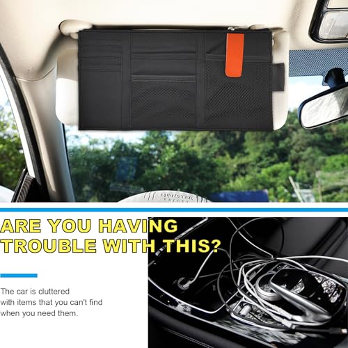 Povtii 2 PCS Car Sun Visor Organizer, Oxford Cloth Multi-Pocket Storage Holder with Zipper, Auto Visor Storage Net Pouch for Card Note Phone Registration, Car Accessories (Black)