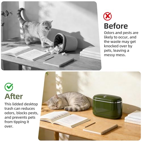 PAVSTINE Mini Trash Can for Desk with 5 Rolls of Trash Bags, Small Press-Top Countertop Garbage Bin, Removable Waste Basket for Bedroom, Vanity, Coffee Table, Kitchen (Green Full-Lid) - color: Green Full-Lid