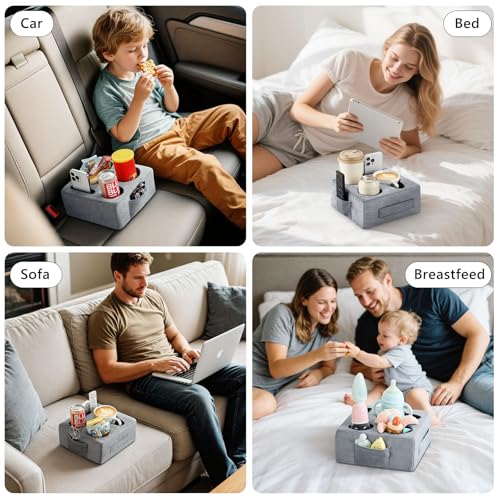 Luxspire Couch Cup Holder Tray, Couch Cup Holder Pillow with 4 Holes, Side Pocket and Handle, Couch Caddy Pillow for Phone/Drinks/Remote Control/Snacks, Gray - color: Gray