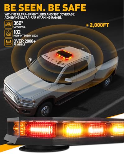 HLauto 406D Rooftop Emergency Strobe Lights Bar, 102 LED Amber Red Mini Beacon Safety Flashing Warning Traffic Lights Bar w/Magnetic Base for 12-24V Trucks, Construction Vehicles, Snowplow, Cars - color: Amber/Red