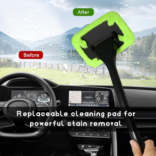 Car Windshield Cleaning Tool, Microfiber Windscreen Cleaner with 4 Washable Cloth Pads & Spray Bottle, Reusable Window Cleaning Kit with Detachable Handle for Auto Glass Wiper