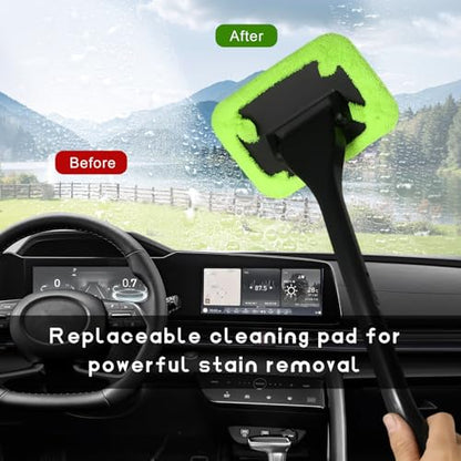 Car Windshield Cleaning Tool, Microfiber Windscreen Cleaner with 4 Washable Cloth Pads & Spray Bottle, Reusable Window Cleaning Kit with Detachable Handle for Auto Glass Wiper