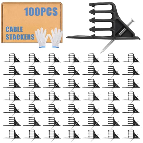 100Pcs Cable Stackers, Cable Staples Clips with Steel Nails, Electrical Wire stackers,Insulated Cord Staples Multi Cable Wire Clips for Suitable Most Cables - color: 100Pcs-Black