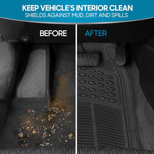 BDK M783 DuraChannel Heavy Duty Rubber Car Floor Mats Liner for Auto - All Weather 3 Piece Set Front & Rear, Fits Car Truck SUV Van, Universal Trim to Fit - color: Black
