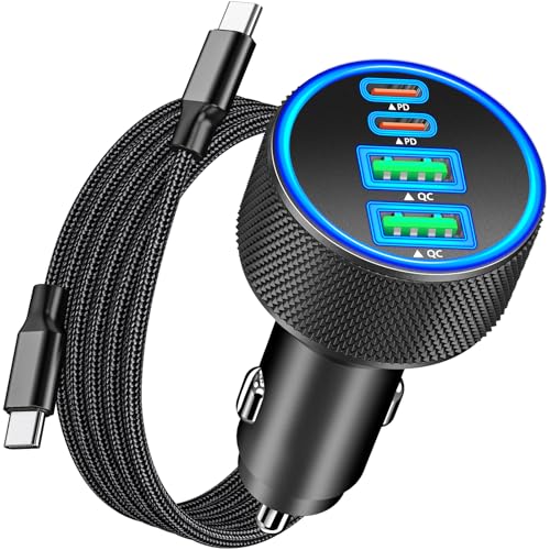 [Apple MFi Certified] iPhone 17 Car Charger Fast Charging, KYOHAYA 4-Port 90W USB-C&USB-A Power Cigarette Lighter PD/QC USB-C Car Charger + Type-C Braided Cord for iPhone 17/17 Pro/16/15/Galaxy/Pixel - color: Ebony Black
