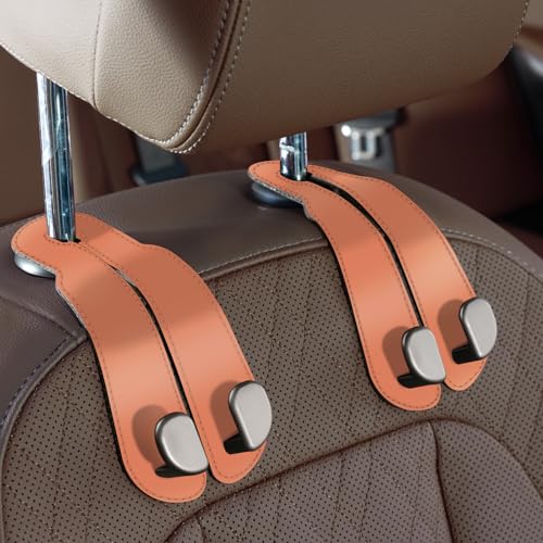 CoBak Purse Hook for Car - Universal Premium Stitched Leather and Aluminum-Magnesium Alloy Double Car Seat Back Storage Hook for Purses, Handbags, Bags (2 Pack),Coral Orange - color: Coral Orange, size: Double-Hooks