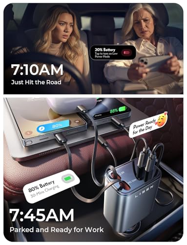 LISEN Retractable Car Charger, [2026 Upgrade 50 inch ] Long 4 in 1 Retractable Cable Car Charger, USB C Car Charger Fast Charging for iPhone 17 16 15 14 13 12 11 X Pro Max Plus Mini, Samsung S26 S25 - color: Grey, size: 50 Inch