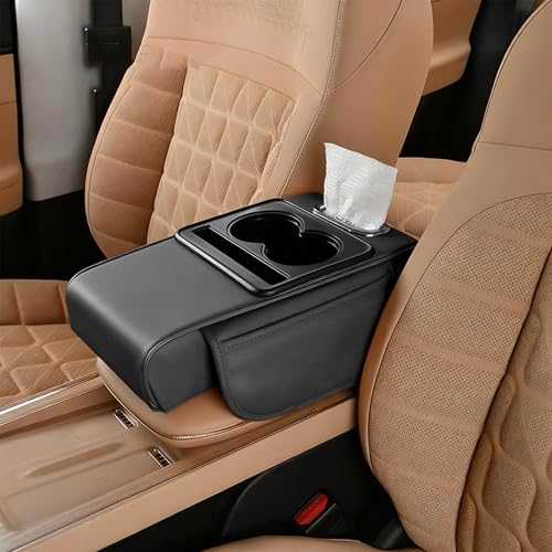 Car Armrest Storage Box,Car Accessories Console Organizers and Storage,Universal Waterproof Leather Console Cover with Cup Holder and Phone Holder,Suitable for Most Cars (Normal, Black) - color: Black, style: Normal
