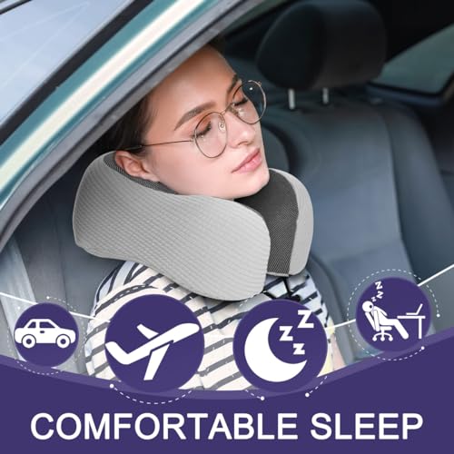 napfun Neck Pillow for Travel with Travel Pouch, Sleep Mask & Earplugs, Memory Foam Airplane Pillow for Headrest Sleep with Eyeshades, Plane Essentials with Eye Blindfold, Light Gray Striped Kit - color: Light Gray Striped Kit