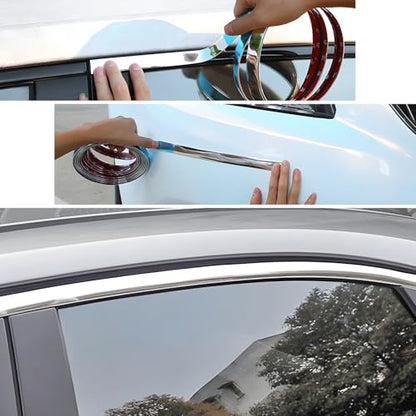 26FT Automotive Chrome Trim Molding, 1/2" (12mm) Wide Car Body Side Decorative Strip, Scratch-Proof Molding Trim Universal Self Adhesive Decoration for Bumper Window Door