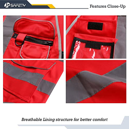 JKSafety 9 Pockets High Visibility Zipper Front Safety Vest With Reflective Strips,Meets ANSI/ISEA Standard (Medium, 150-Red) - color: Red, size: Medium